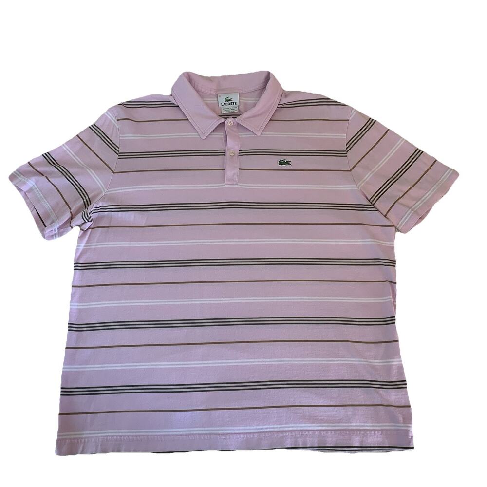 Lacoste Men’s Petit Pique Cotton Knit Polo Shirt Short Sleeve Striped Pink 6/XL